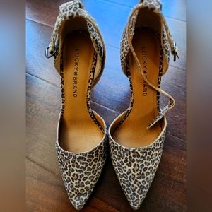 Lucky Brand Women Tukko Ankle Strap Heels Sz 6 M Leather Leopard Print